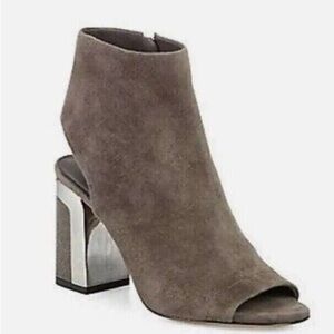 Vince Fenmore Suede Peep Toe Block Heel Booties, Gray, 9.5